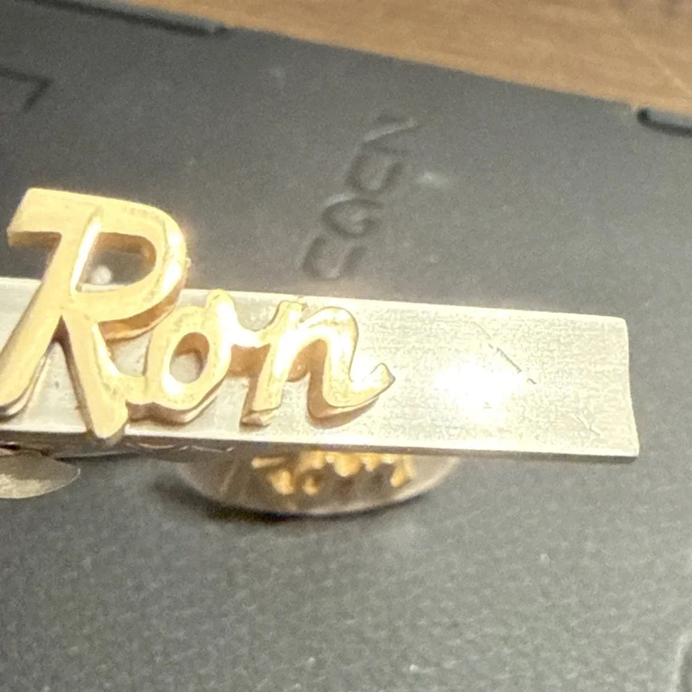 Vtg SWANK Cufflinks & Tie Clip Bar Clasp Set Silver & Gold Tone Personalized RON